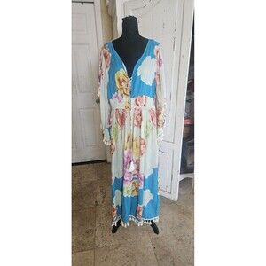 Me 2 Magic Anthropologie Women's Blue Floral Long Boho Dresses Sz-1X